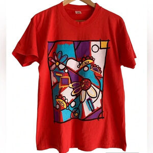Vintage Danskin 90s Single Stitch Abstract Red T Shirt Women's size S/M Cotton